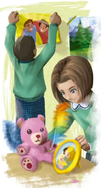 Ilustración de dos estudiantes montando una exposición: un niño de espaldas cuelga un dibujo de una familia y una niña con delantal sostiene un espejo de mano y una pluma de colores; junto a ellos hay un oso de peluche rosa y un paisaje verde. Crédito: Gerardo Miguel Camacho Marín, Estado de México.