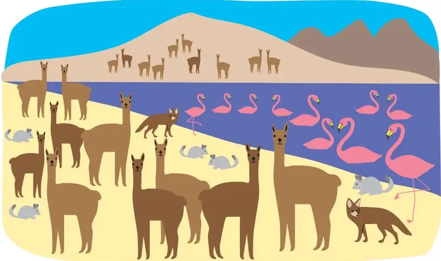 Paisaje de la Reserva Nacional Los Flamencos: cielo azul, cerros de tonos grises y arena, un lago morado con flamencos rosados, y una playa amarilla con guanacos cafés, vizcachas grises y zorros.