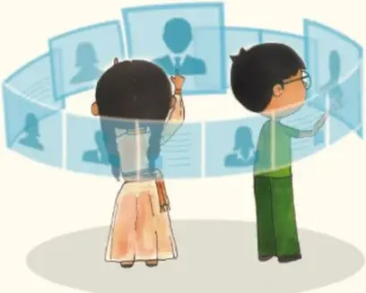 Ilustración de dos estudiantes frente a pantallas con siluetas de personas, símbolo de medios y redes sociales.
