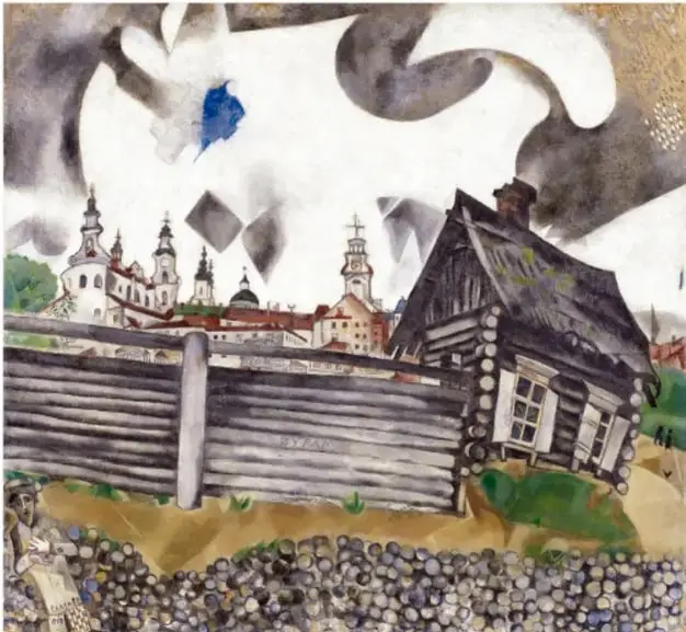 Reproducción de La casa gris, 1917, de Marc Chagall: casa de madera oscura, cerca de tablones, cielo gris con formas geométricas y una pequeña figura humana.
