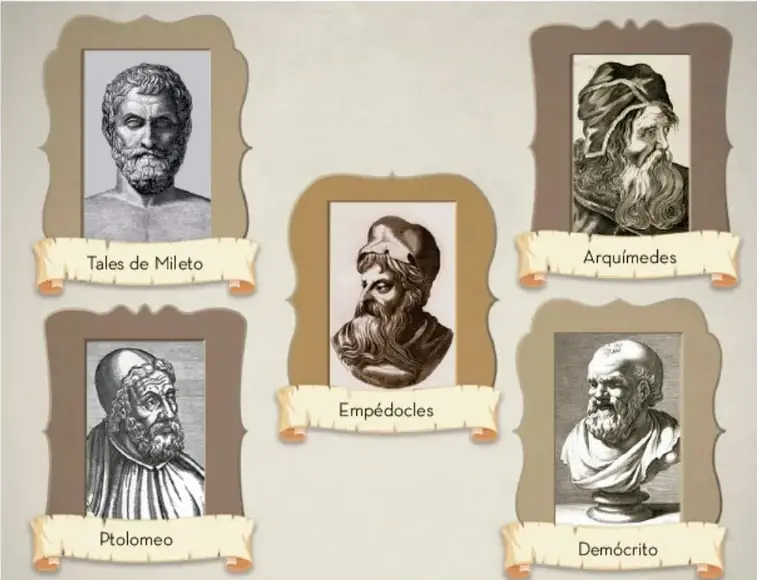 Retratos de Tales de Mileto, Empédocles, Arquímedes, Ptolomeo y Demócrito en marcos decorativos.