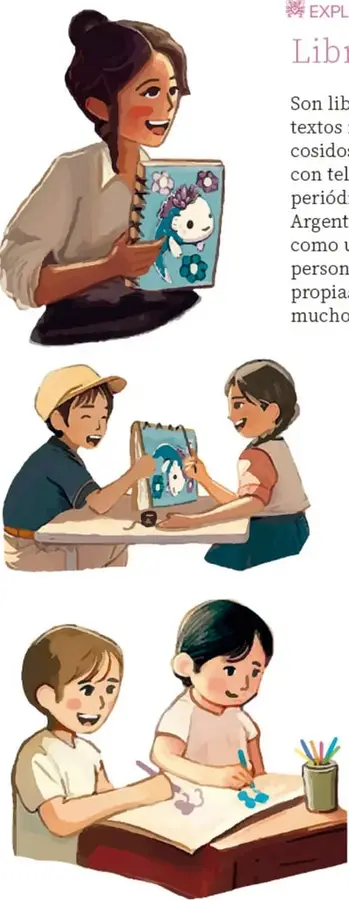 Ilustración de una mujer sonriente sosteniendo un libro cartonero cosido con una figura decorada en la portada.