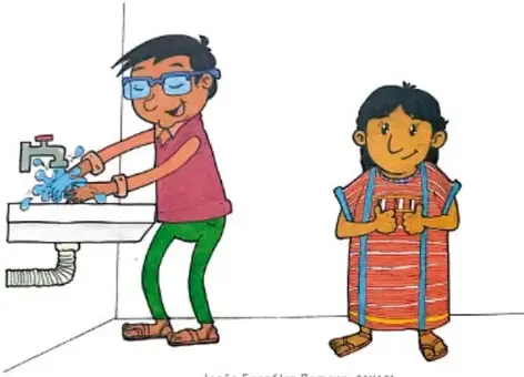 Ilustración de dos niños: uno lavándose las manos en un lavabo y otra niña observando con las manos juntas. Crédito: Jesús González Romero, OAXACA.