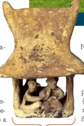 Vasija de cerámica con forma de casa y figuras humanas en su interior, etiquetada como casa con escena familiar de Nayarit.