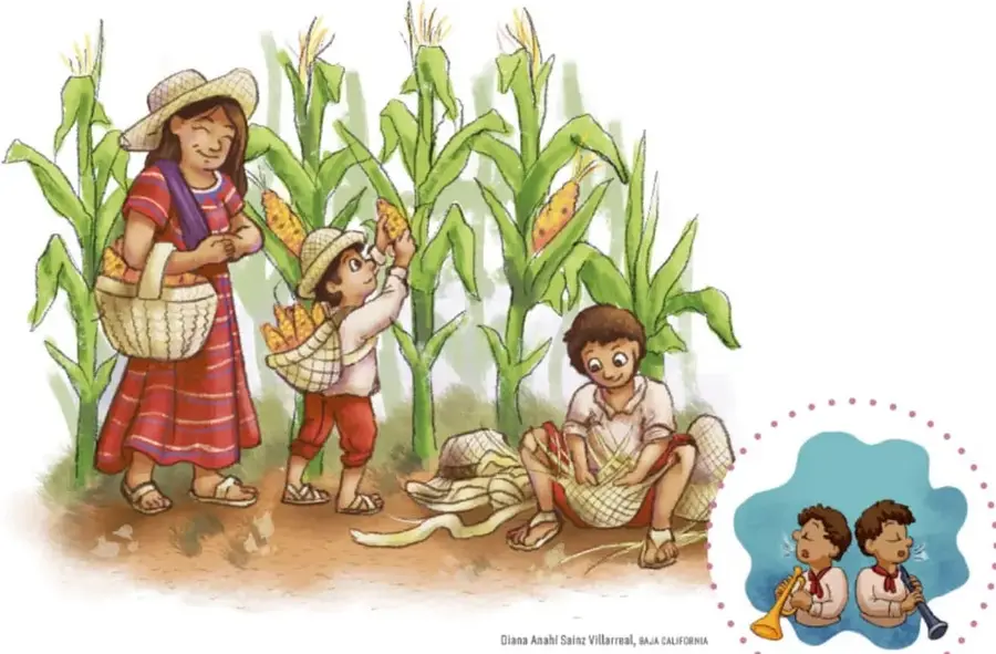 Ilustración de una familia mixteca en un campo de maíz: una mujer con huipil rojo y sombrero de palma carga un canasto con elotes; un niño con sombrero y morral recoge mazorcas; otro niño sentado desgrana el maíz. Al fondo, plantas de maíz con elotes.