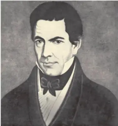 Retrato de un hombre joven de cabello oscuro, con saco negro y corbatín, identificado como José María Luis Mora.