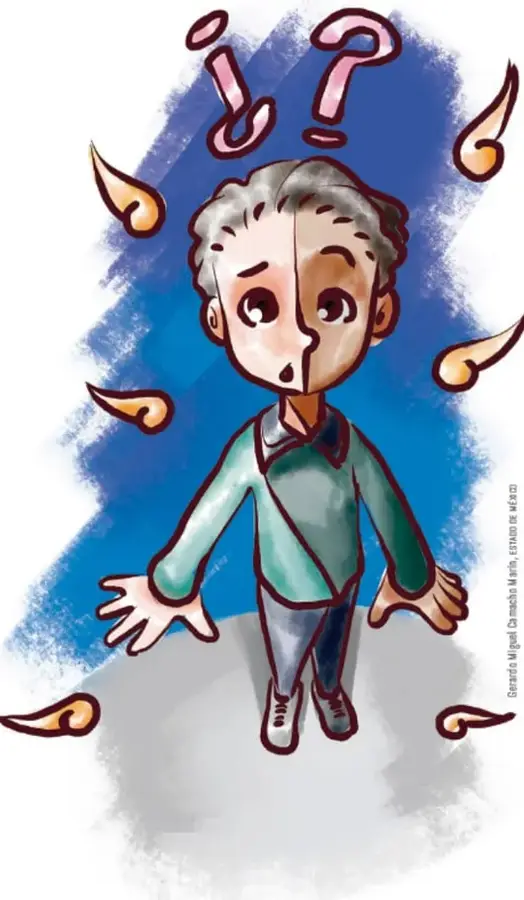 Ilustración de un niño con expresión de duda, rodeado de signos de interrogación y llamas, sobre fondo azul.