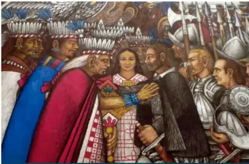 Mural del Palacio de Gobierno de Tlaxcala que retrata el encuentro entre tlaxcaltecas y Cortés.