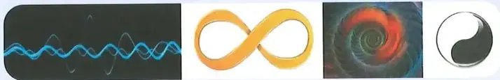 Cuatro figuras curvas: una onda, una lemniscata, una espiral y un símbolo de yin y yang.