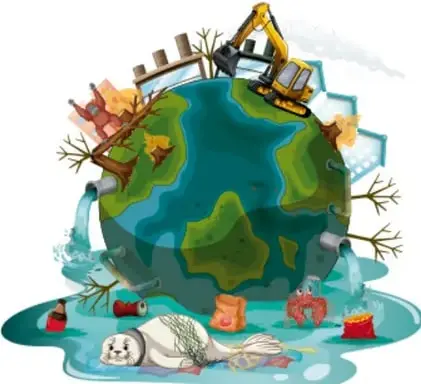 Ilustración de la Tierra contaminada: fábricas, basura, agua sucia, un animal marino atrapado en plástico y árboles talados, que representa el daño ambiental.