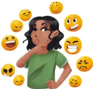 Ilustración de una joven rodeada de emojis con diferentes expresiones emocionales (feliz, enojado, triste, sorprendido, etc.). Crédito: Mayra Gisela Pedroza Díaz, AGUASCALIENTES.