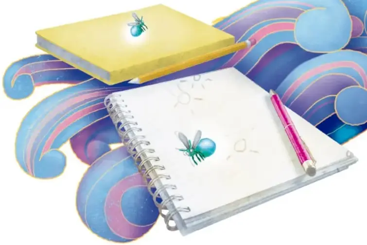 Cuaderno amarillo y libreta de espiral con un lápiz rosa, sobre fondo de ondas azules y moradas con moscas verdes.