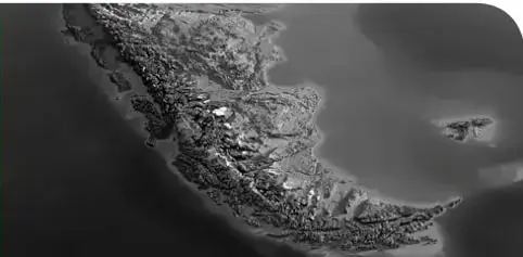 Imagen satelital de una costa con una península, bahía, islas menores y aguas oceánicas oscuras; se aprecian relieves y posibles zonas de actividad tectónica. Ilustra la Unidad 2 sobre la estructura de la Tierra.