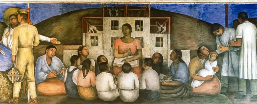 Mural con una mujer al centro sosteniendo un documento, rodeada de personas sentadas, campesinos, trabajadores y una familia con un niño; al fondo hay una construcción.