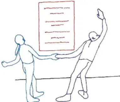 Dos estudiantes junto a un cartel grande en la pared, uno de ellos levanta la mano.