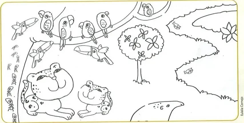 Ilustración de un bosque mágico con aves, flores, árboles, peces y animales.