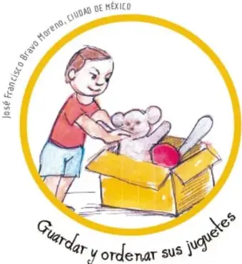 Ilustración circular de un niño que guarda y ordena sus juguetes, con leyenda 'Guardar y ordenar sus juguetes'.