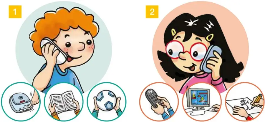 Niño de cabello naranja hablando por teléfono, con tres círculos debajo: hablar por teléfono, leer un libro, jugar fútbol.