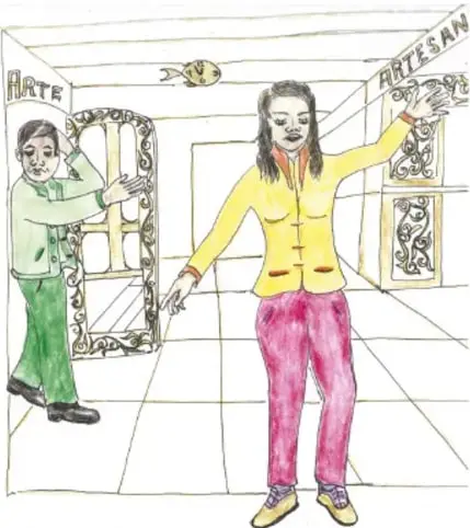 Dibujo a colores firmado por Abdón Pinedo García, Zacatecas: una maestra recibe a un niño en la puerta de un salón cuyas paredes se rotulan 'Arte' y 'Artesanía', con un pez decorativo volando.