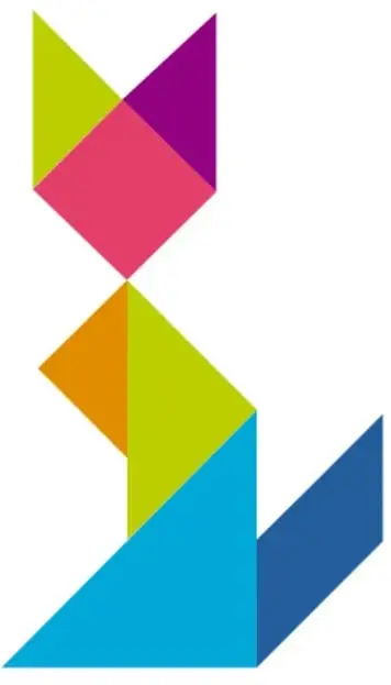 Silueta de un gato armada con piezas de tangram en colores verde, morado, rosa, naranja, verde limón y azules.