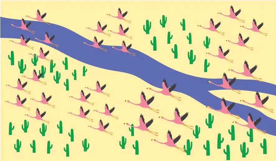 Vista aérea de un paisaje amarillo atravesado por un río azul; hay flamencos rosados volando y cactus verdes distribuidos en el terreno.