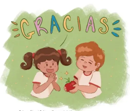 Ilustración de una niña con trenzas ofreciendo una flor a un niño sonriente; sobre ellos, letras de colores forman la palabra 'GRACIAS' sobre un fondo verde. Crédito: Paloma Sirani Zataray Mora, Michoacán.