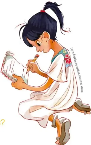 Ilustración de una niña escribiendo en un cuaderno, con vestimenta tradicional.
