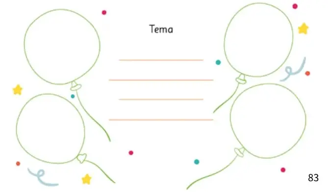 Organizador gráfico con cuatro globos y líneas para escribir, con la palabra 'Tema' en el centro.
