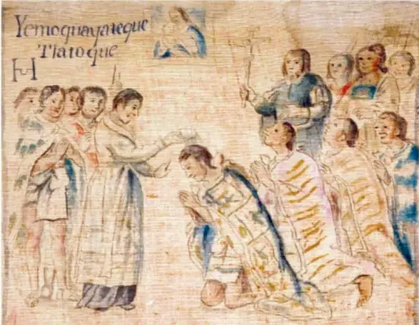 Ilustración colonial que muestra a un sacerdote o fraile administrando un sacramento a un grupo de indígenas arrodillados, con la inscripción 'Yemoquauateque Tlatogue'. Representa la evangelización y el sometimiento religioso de los pueblos originarios.