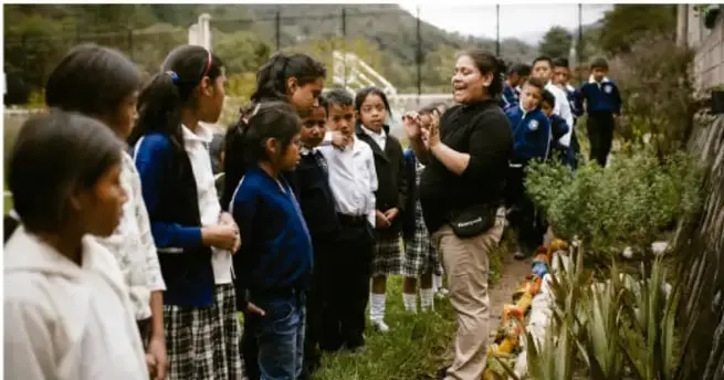 Fotografía de una docente explicando a un grupo de estudiantes uniformados en un área verde/jardín escolar con montañas al fondo.