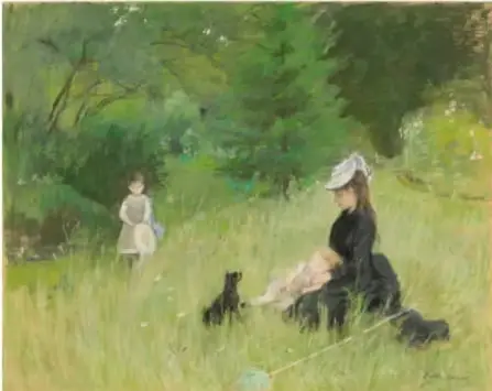 Obra 'En el parque' (ca. 1874): mujeres y un perro negros sobre pasto verde junto a árboles, con una niña de fondo.