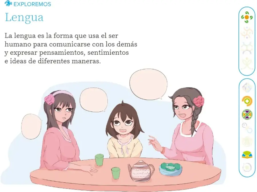 Ilustración de tres niñas sentadas alrededor de una mesa con taza, tetera y pasteles, con globos de diálogo vacíos; créditos: Alexander Felipe Hernández Flores, Puebla.
