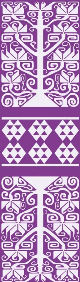 Diseño decorativo con patrones geométricos prehispánicos en color morado y blanco.