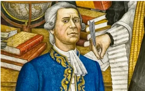 Ilustración de un personaje masculino de la época colonial con peluca blanca y traje azul con bordados dorados, rodeado de libros y un globo terráqueo, sosteniendo una pluma.