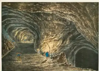 Ilustración de una mina subterránea con trabajadores, relacionada con la minería novohispana.
