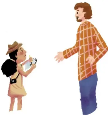 Ilustración de una niña reportera con cámara entrevistando a un adulto.