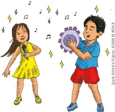 Ilustración de dos niños, una niña cantando con un micrófono y un niño tocando un tambor, rodeados de notas musicales y estrellas.