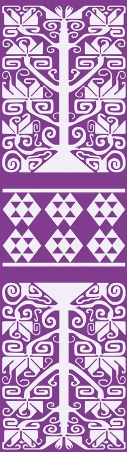 Franja vertical morada con patrones geométricos blancos de inspiración indígena (figuras simétricas, rombos y grecas) que decoran la portadilla.