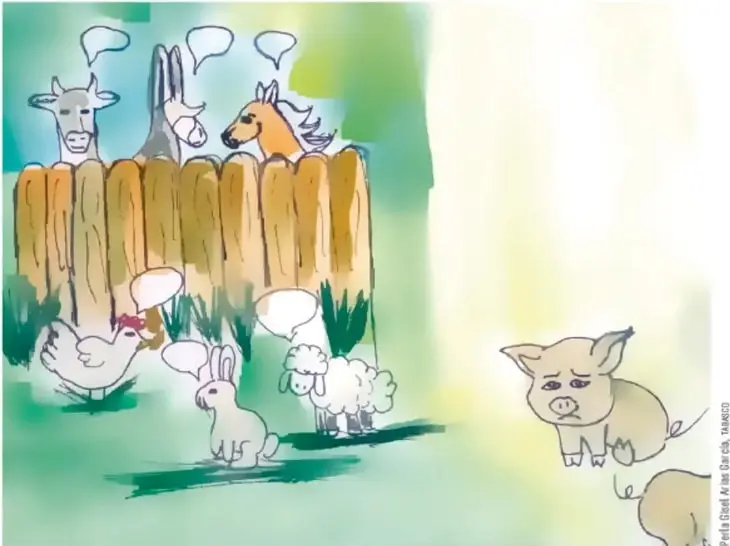 Ilustración de animales de granja (vaca, burro, caballo, gallina, conejo, oveja) detrás de una cerca de madera, observando al puerquito triste que está fuera del corral.