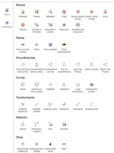 Captura de la interfaz de GeoGebra Calculadora 3D mostrando las categorías de herramientas: Sólidos (Pirámide, Prisma, Tetraedro, Cubo, Esfera, Cono, Cilindro, etc.), Planos, Circunferencias, Curvas, Transformación, Medición y Otros.