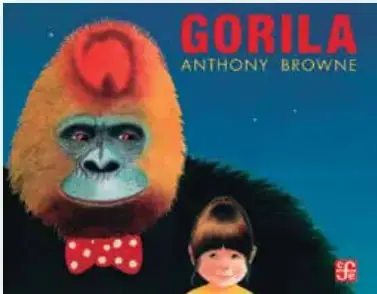 Portada del libro "Gorila" de Anthony Browne: un gorila con corbata roja de lunares junto a una niña de cabello castaño sobre fondo azul.