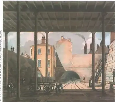 Imagen de una zona industrial del siglo XIX con edificios fabriles, chimeneas, vías y maquinaria relacionada con la industrialización.