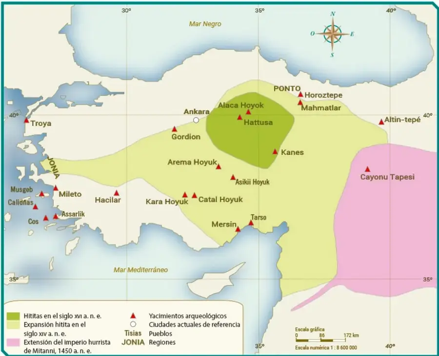 Mapa histórico de la región de Anatolia con la ubicación de yacimientos arqueológicos, ciudades actuales y áreas de influencia hitita y hurrita. Incluye leyenda y escalas.