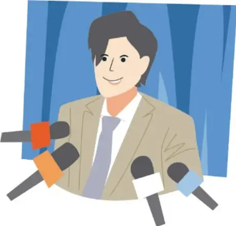 Ilustración de un hombre con saco y corbata frente a varios micrófonos de colores, como si diera una entrevista.