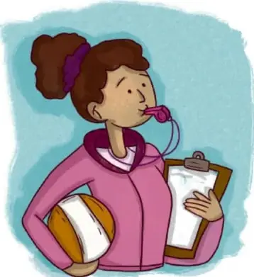Ilustración de una estudiante con playera rosa, cabello recogido con listón morado, silbato en la boca, balón bajo el brazo y tabla de anotaciones en la mano.