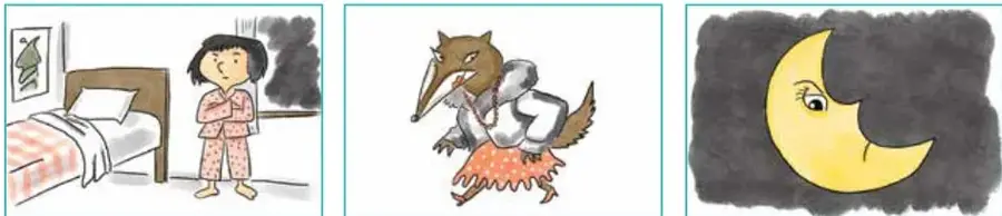 Loba con vestido y delantal, acompañada de su cachorro.