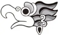 Ilustración estilizada de una cabeza de ave o dragón prehispánico, emblema del libro.