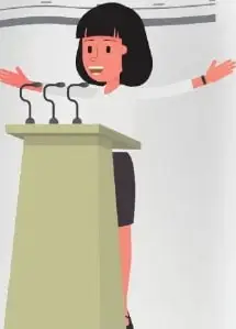 Ilustración de una niña hablando ante varios micrófonos, relacionada con el discurso presentado.