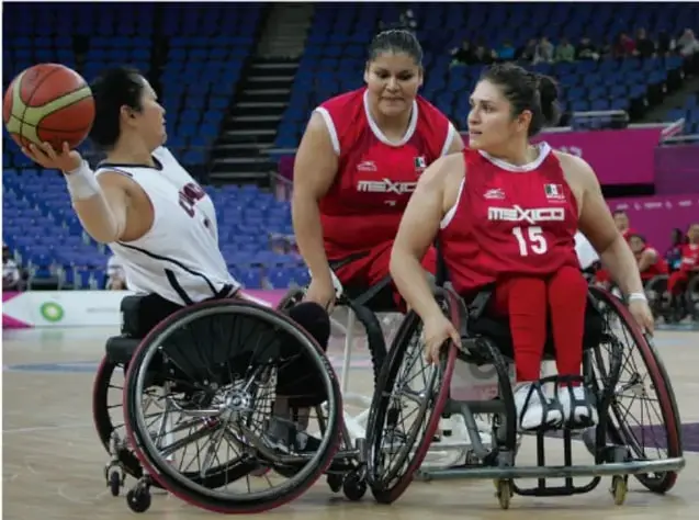 Fotografía de tres mujeres deportistas en sillas de ruedas jugando baloncesto; dos visten uniforme rojo con la inscripción 'México' y una tercera viste uniforme blanco. Representa el deporte adaptado como ejemplo de inclusión.