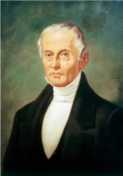 Retrato de un hombre mayor de cabello blanco, con saco negro y camisa blanca, identificado como Lucas Alamán.